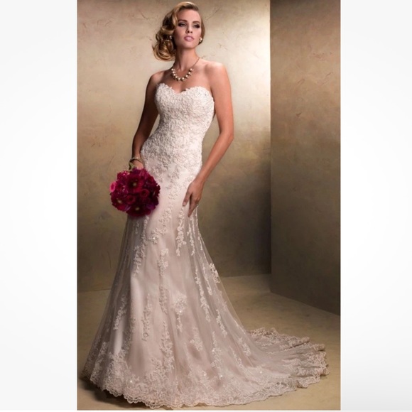 Maggie Sottero Couture Emma Wedding Corset Strapless Dress Gown Lace Beads Sz 16 - Picture 1 of 16